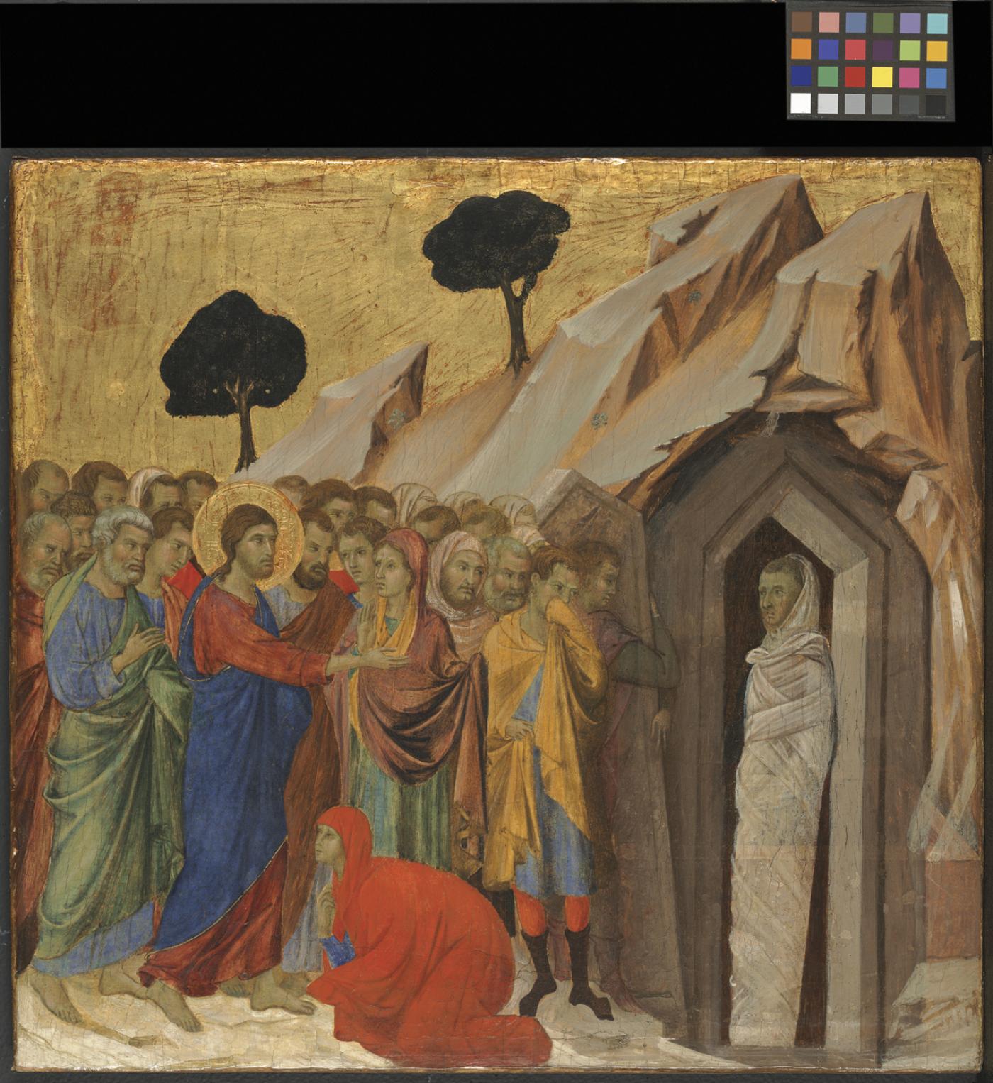 Duccio di Buoninsegna, revers de la prédelle de la "Maestà", "La Résurrection de Lazare", vers 1308-1311, tempera sur peuplier, transféré sur liège, 43,5 x 46,4 cm.Kimbell Art Museum, Fort Worth, Texas.