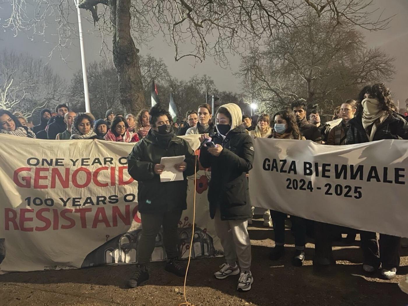 Un rassemblement de la biennale de Gaza (Jinnah UK) en janvier 2025 devant l’Institute of Contemporary Arts (ICA).