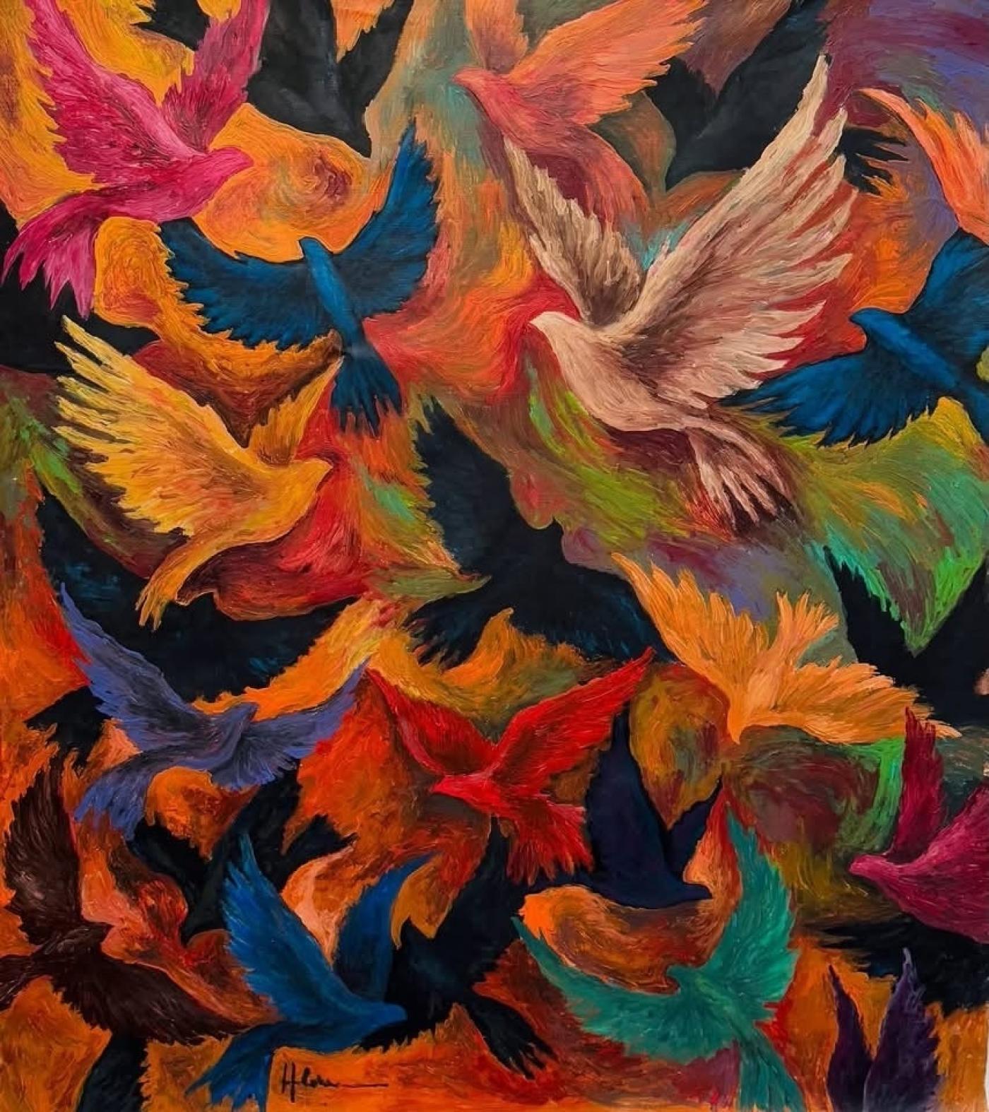 Hamada Elkept, Les colombes ont perdu leur maison, 2024, acrylique sur toile, 150 x 130 cm.