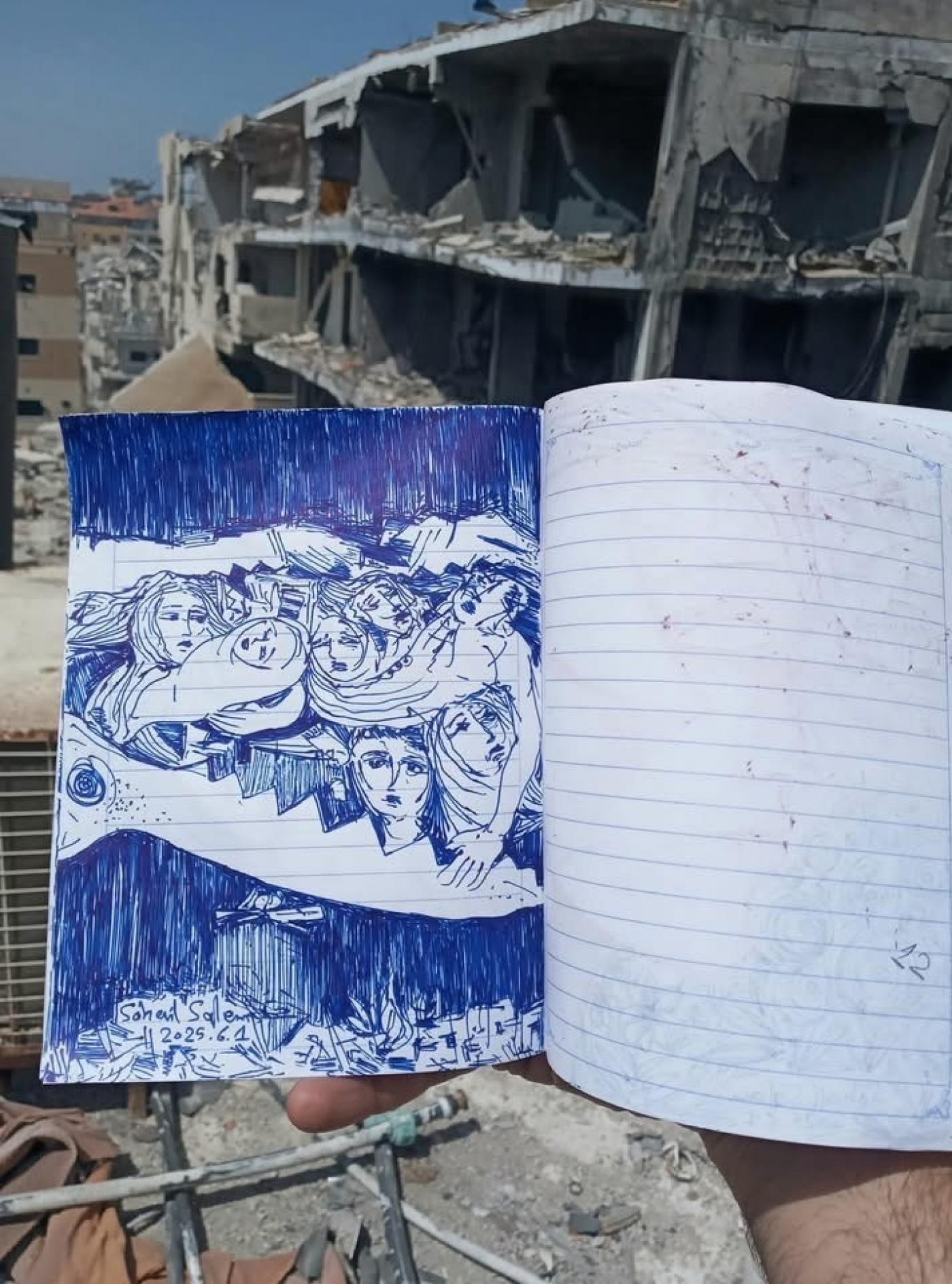 Le carnet de dessin de Suhail Salem à Gaza.