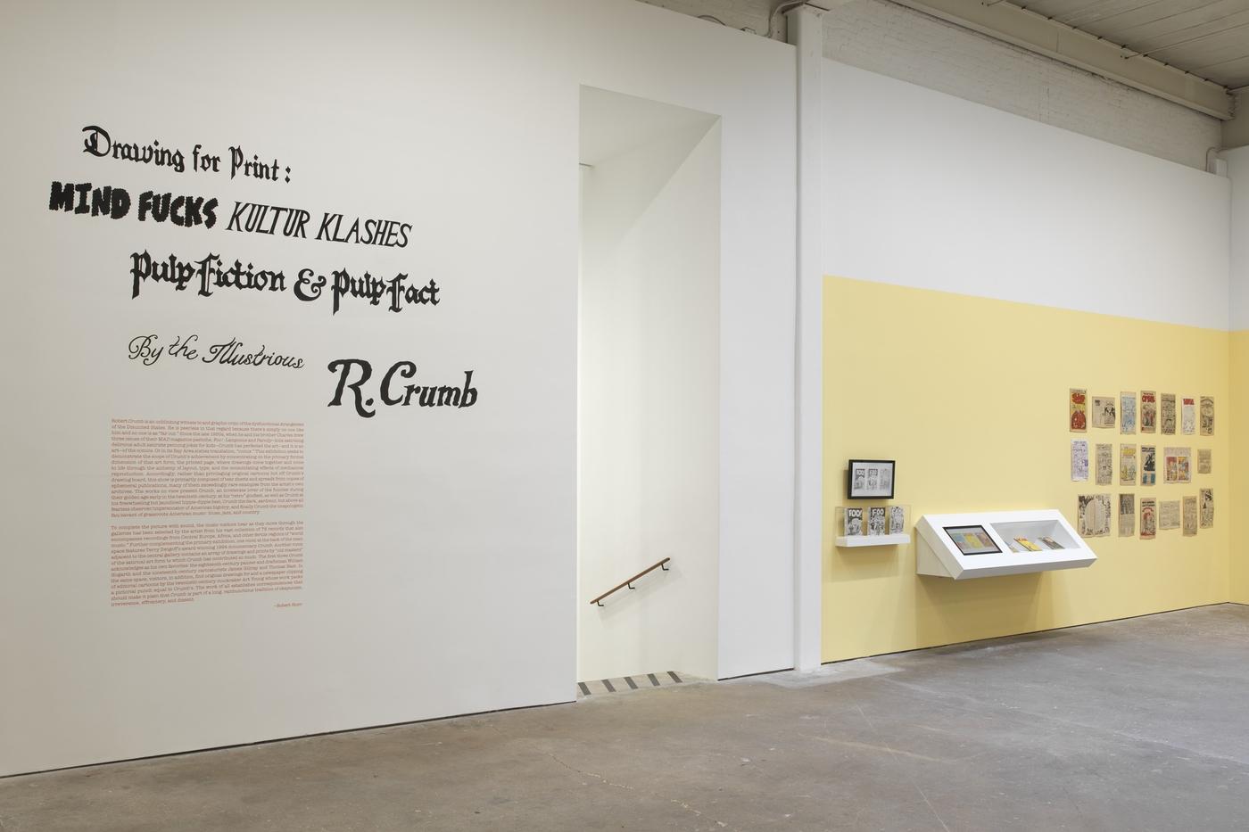 Vue de l'exposition "Drawing for Print: Mind Fucks, Kultur Klashes, Pulp Fiction &amp; Pulp Fact by the Illustrious R. Crumb", à la galerie David Zwirner, New York, 2019.