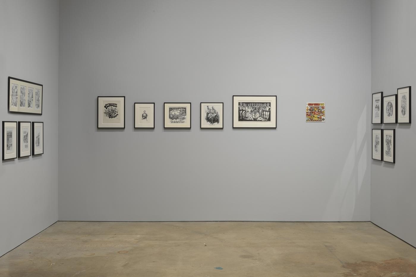 Vue de l'exposition "Drawing for Print: Mind Fucks, Kultur Klashes, Pulp Fiction &amp; Pulp Fact by the Illustrious R. Crumb", à la galerie David Zwirner, New York, 2019.