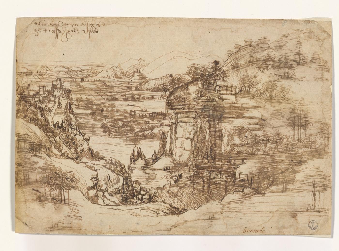 Leonard de Vinci, "Paysage", 1473, recto. Gallerie des Offices, Florence.