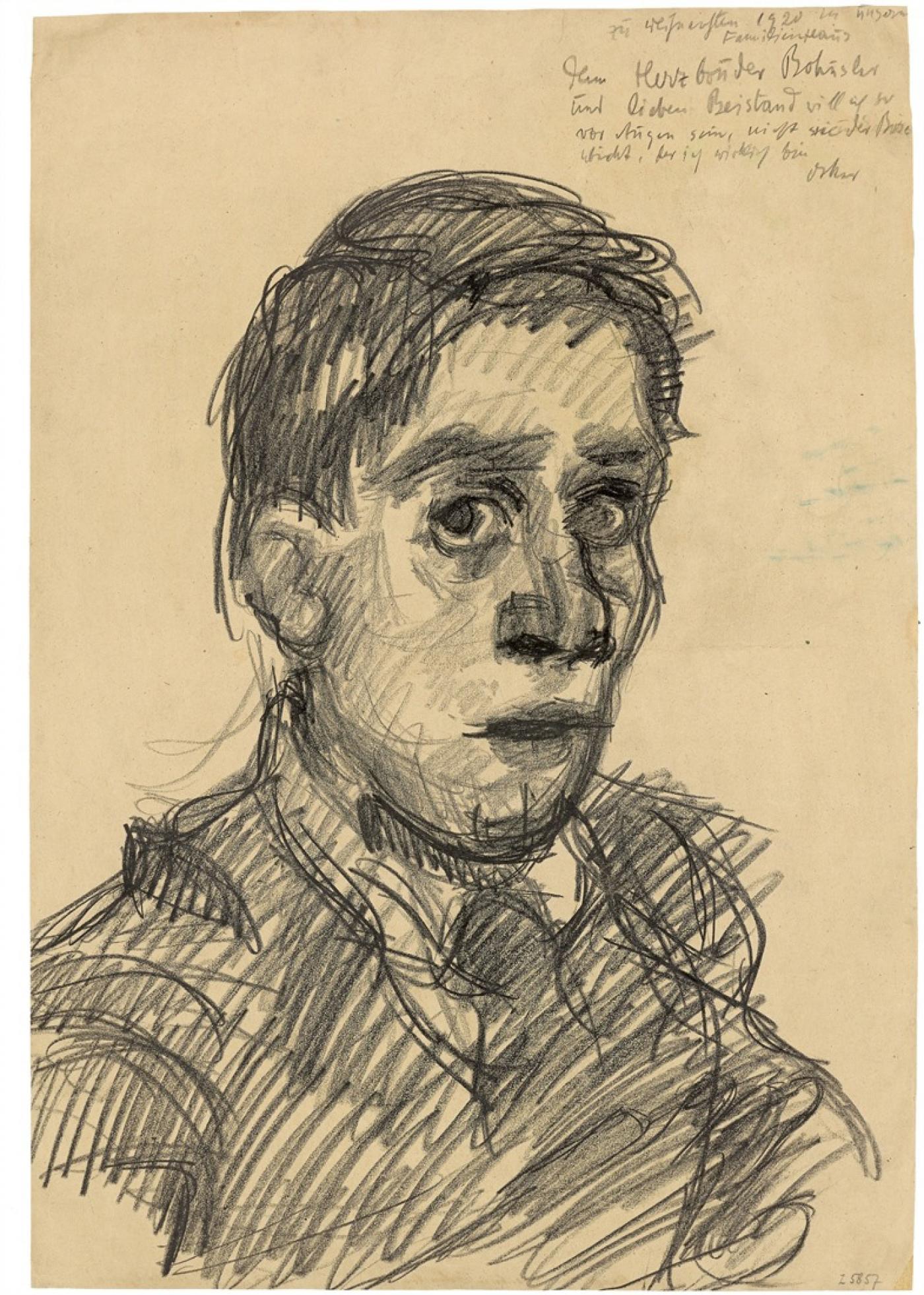 Oskar Kokoschka, Selbstbildnis, 1920. Dessin de la collection de Bernd Schultz, vendu 362 500 euros (frais inclus) le 26 October 2018 au profit de l'ExilMuseum de Berlin.