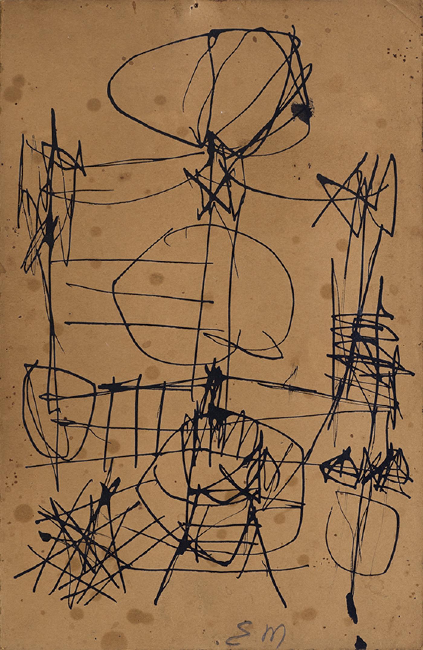 Ernest Mancoba, Sans titre, 1960-1962, encre sur papier. Ce dessin a été acheté par le Centre Pompidou grâce au concours du Groupe Perspective.