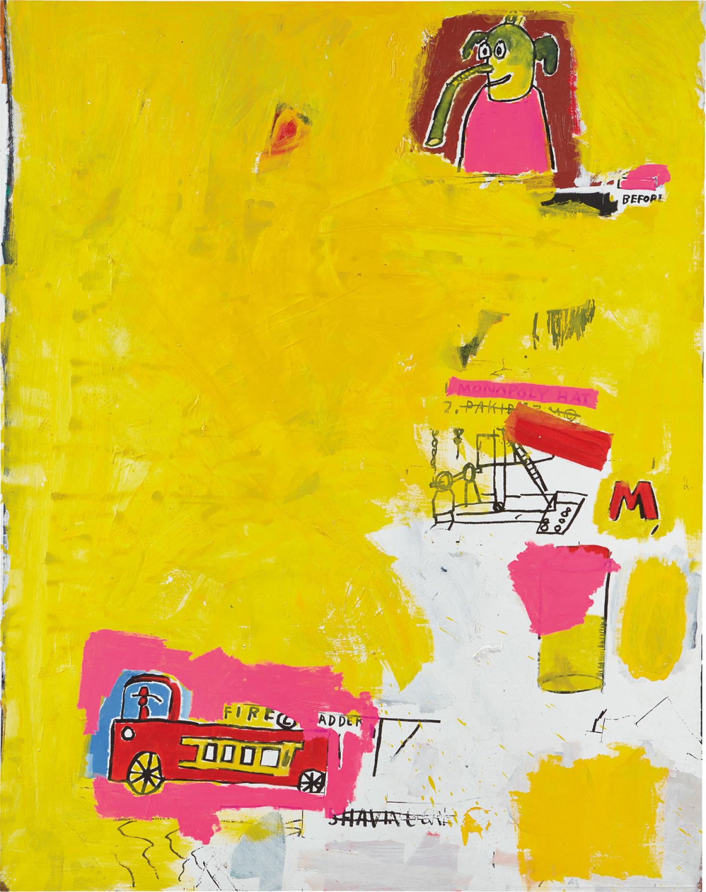 Œuvre issue de la Collection de Alex Rodriguez : Jean-Michel Basquiat, Pink Elephant with Fire Engine, 1984, estimé 3 000 000 - 4 000 000 livres.