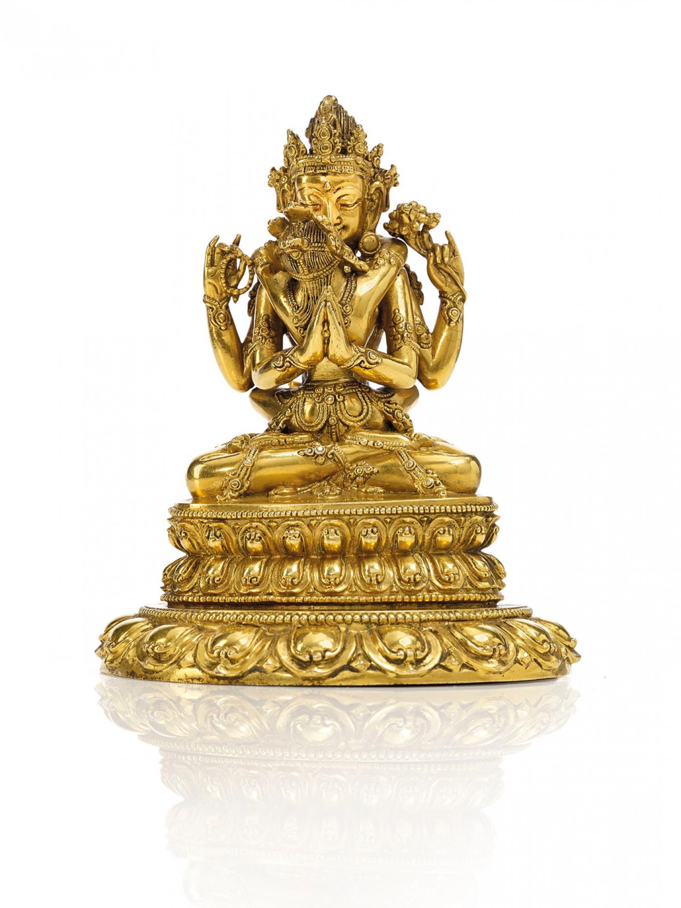 Rare statue de Guhyasadhana Lokeshvara en bronze doré, Chine, dynastie Ming, vendu  910 000 € par Christie's Paris.