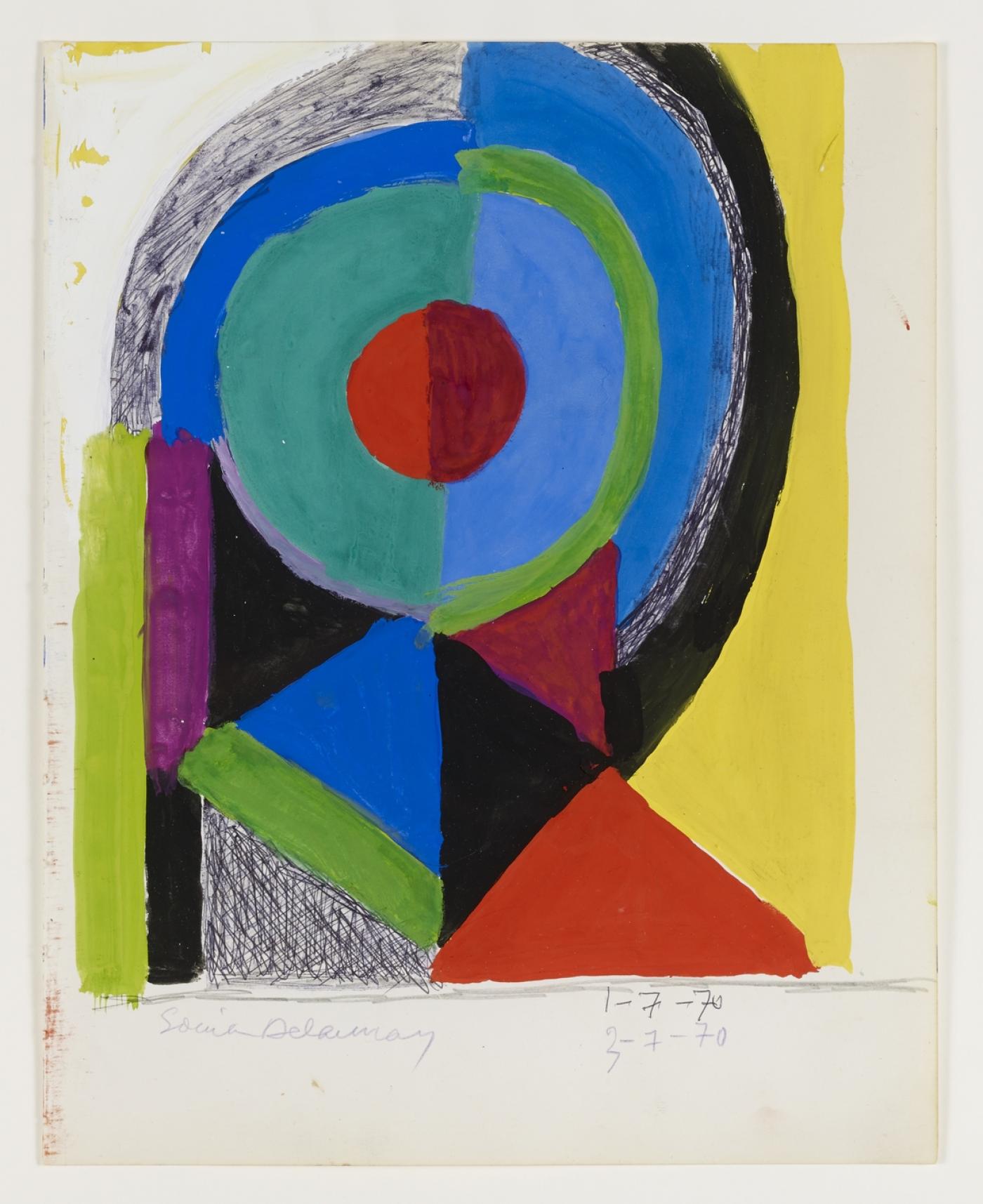 Sonia Delaunay, Rythme Couleur, 1970, gouache, encre au stylo bille et au feutre et mine de plomb sur papier. Extrait du livre Blanc - Collection Jacques Damase, en vente chez Cornette de Saint Cyr, Paris.