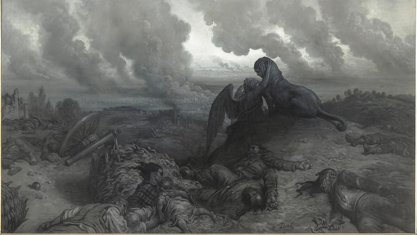 Gustave Doré, L'Enigme, 1871, huile sur toile, 130 × 195,5 cm. Exposition « Se souvenir de 1870 : l'Énigme de Gustave Doré », labellisée "Catalogue du désir" dans le Grand Est, au Musée de la Guerre de 1870 et de l'Annexion, à Gravelotte, jusqu'au 15 décembre 2019.